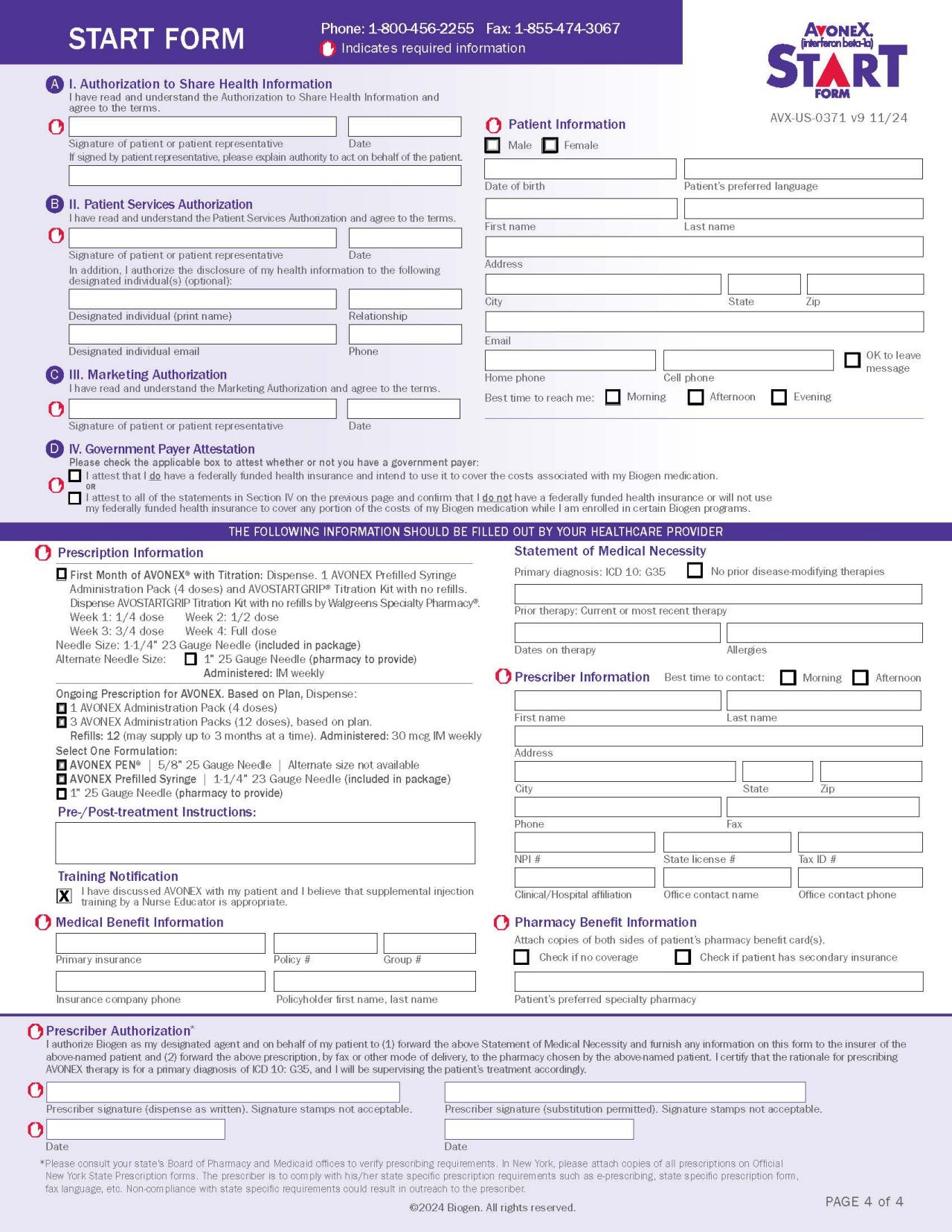 AVONEX Start Form page image